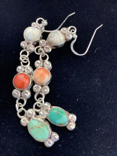 Navajo Spiny, Turquoise & Howlite Dangle Earrings | Sterling Silver | Authentic Native American Handmade | 01618