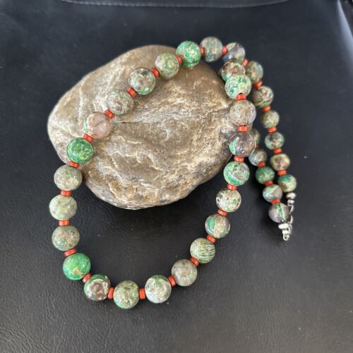 Navajo Green Turquoise Red Coral Necklace | Sterling Silver | 20" | Authentic Native American Handmade | 14736