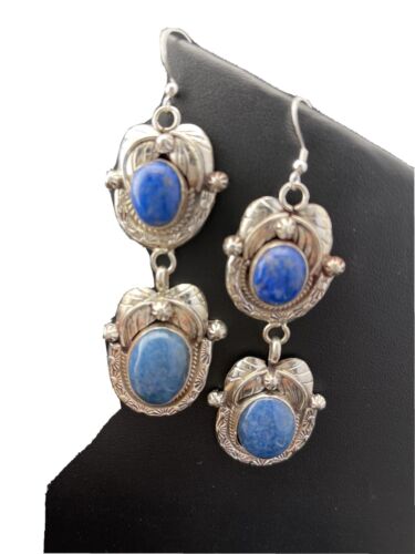 Southwestern Navajo Denim Lapis Dangle Earrings | Sterling Silver | 2" | 01798