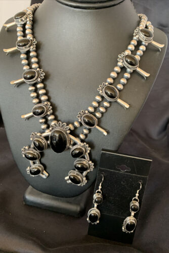 Navajo Pearls Black Onyx Squash Blossom Necklace | Sterling Silver | Authentic Native American Handmade | 12724