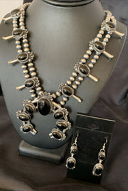 Navajo Pearls Black Onyx Squash Blossom Necklace | Sterling Silver | Authentic Native American Handmade | 12724