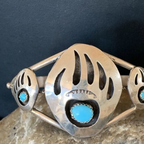 Navajo Turquoise Bear Paw Cuff Bracelet | Sterling Silver | Authentic Native American Handmade | 12875