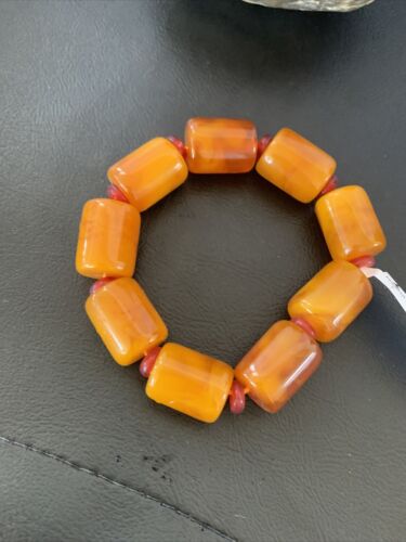 Native American Handmade Stretch Bracelet | Gold Amber Stone with Garnet | One-Of-A-Kind | 3073