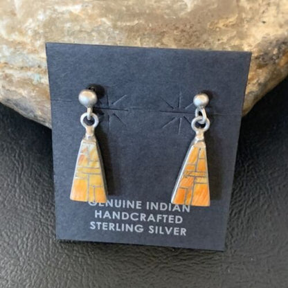 Navajo Orange Spiny Oyster Inlay Earrings | Sterling Silver | Authentic Native American Handmade | 12677