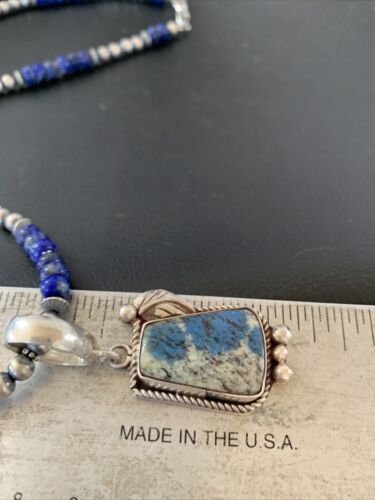 Men's Navajo Pearls Lapis Necklace with Azurite Pendant | Sterling Silver | Authentic Native American Handmade | 01931