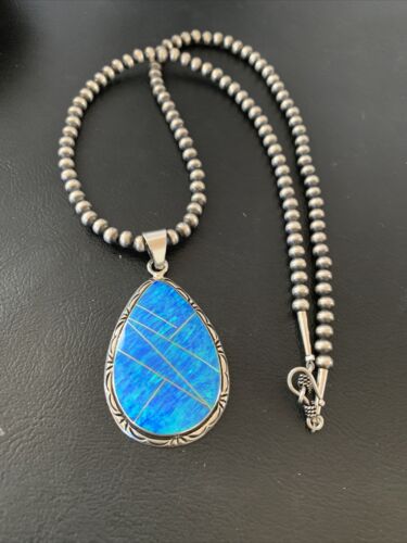 Native American Women's Navajo Blue Faux Opal Pendant | Sterling Silver | 2.30" | 01896