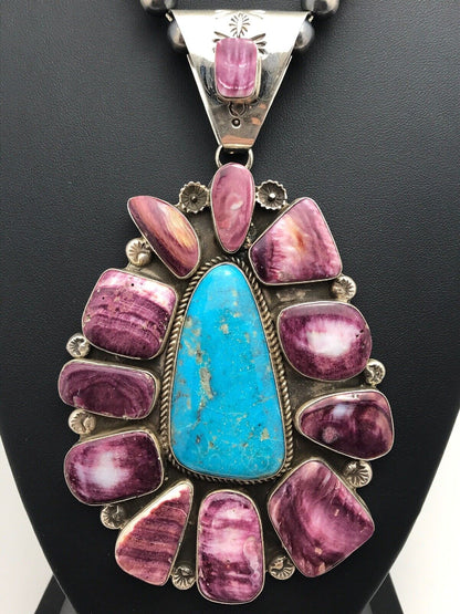 Navajo Spiny Turquoise Cluster Pendant Necklace | Sterling Silver | 6" | Authentic Native American Handmade | 1062