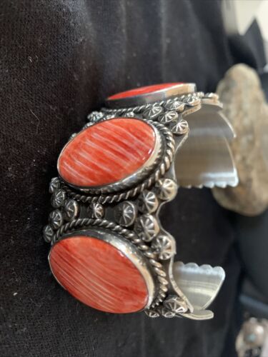 Navajo Red Spiny Oyster Cuff Bracelet | Sterling Silver | Authentic Native American Handmade | 01107