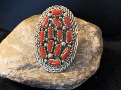 Navajo Red Coral Cluster Ring | Authentic Native American Sterling Silver | Multi-Stone | Sz 6.5 | 02220