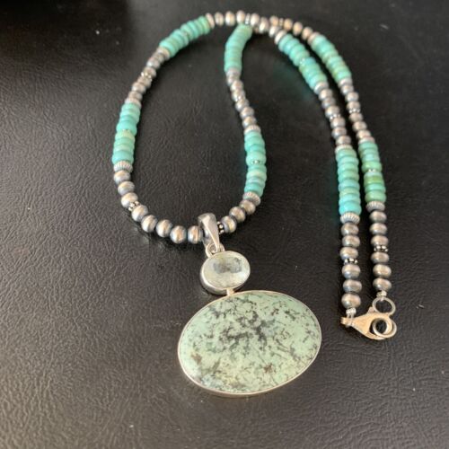 Navajo Pearls Sterling Silver Necklace | Blue Spiderweb Turquoise Pendant | Multi-Stone | 13921