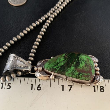 Native American Green Gaspeite Pendant Necklace | Sterling Silver | 13996