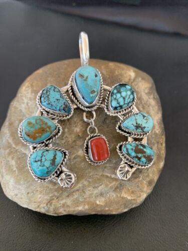 Navajo Coral Spiderweb Turquoise Pendant | Authentic Native American Sterling Silver | Naja | 02226