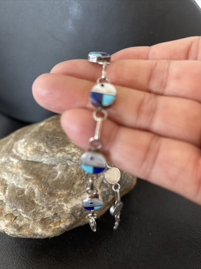 Navajo Blue Turquoise Lapis Inlay Link Bracelet | Sterling Silver | 8" | Authentic Native American Handmade | 1454