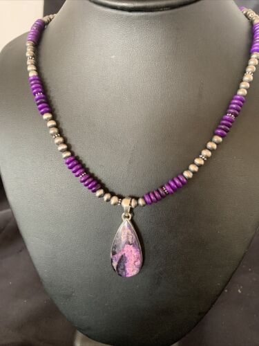 Navajo Pearl Purple Sugilite Necklace Pendant | Sterling Silver | Authentic Native American Handmade | 11917
