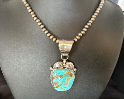 Navajo Pearls Royston Turquoise Necklace Pendant | Sterling Silver | Authentic Native American Handmade | 14802