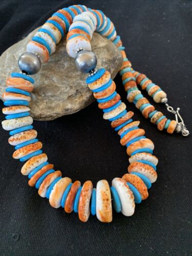 Navajo Pearls & Spiny Oyster Turquoise Necklace | Sterling Silver | Graduated | Authentic Native American | 23" | 00744