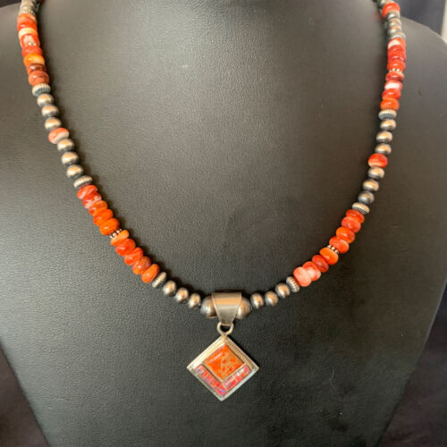 Navajo Red Spiny Oyster Opal Inlay Bead Necklace Pendant | Sterling Silver | Native American Handmade | 12722