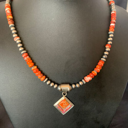 Navajo Red Spiny Oyster Opal Inlay Bead Necklace Pendant | Sterling Silver | Native American Handmade | 12722