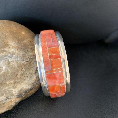 Navajo Red Spiny Oyster Cuff Inlay Bracelet | Sterling Silver | Authentic Native American Handmade | 13659