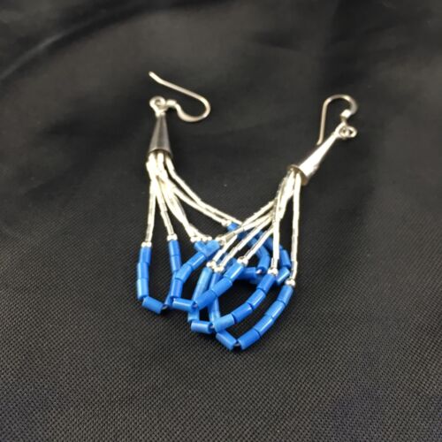 Liquid Sterling Silver Heishi Dangle Earrings | Blue Denim Lapis | 2" | 2005