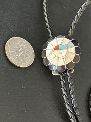 Men's Bolo Tie | Zuni Sunface Mother of Pearl Coral Turquoise Inlay | Sterling Silver | 14754