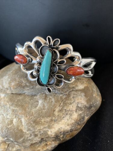 Men's Navajo Kingman Turquoise & Spiny Oyster Bracelet | Sterling Silver | Authentic Native American Handmade | 01031