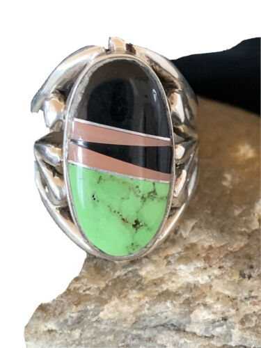 Native American Gaspeite, Onyx & Opal Inlay Ring | Sterling Silver | Sz 7 | 01488