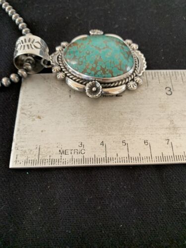 Men's Navajo Pearls Necklace Pendant | Sterling Silver | Blue Turquoise #8 | Authentic Native American Handmade | 529