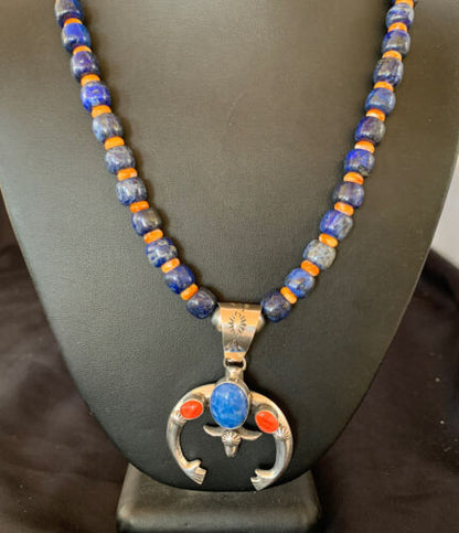 Navajo Native American Blue Lapis Spiny Oyster Naja Pendant | Sterling Silver | 11495