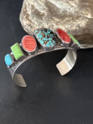 Navajo Turquoise Gaspeite Spiny Oyster Cuff Bracelet | Sterling Silver | Authentic Native American Handmade | 14815