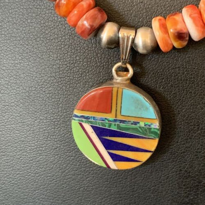Navajo Multi-Color Spiny Turquoise Inlay Pendant Necklace | Sterling Silver | Authentic Native American Handmade | 12720