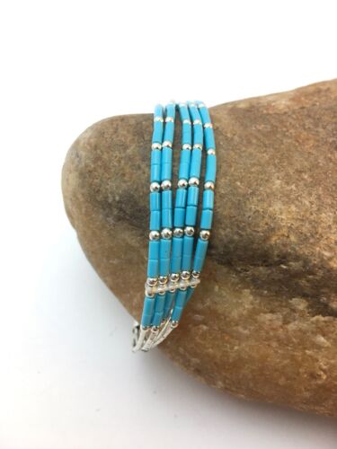 Blue Turquoise Heishi Liquid Silver Bracelet | Sterling Silver | 7" | 5-Strand | 13596
