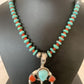 Navajo Pearl Necklace with Blue Turquoise & Coral | Sterling Silver Naja Pendant | 02062
