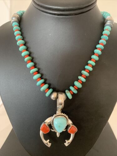 Navajo Pearl Necklace with Blue Turquoise & Coral | Sterling Silver Naja Pendant | 02062