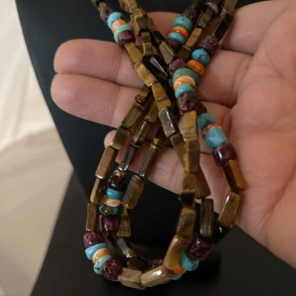 Navajo Turquoise, Tigers Eye & Spiny Oyster Necklace | Sterling Silver | Authentic Native American Handmade | 1132