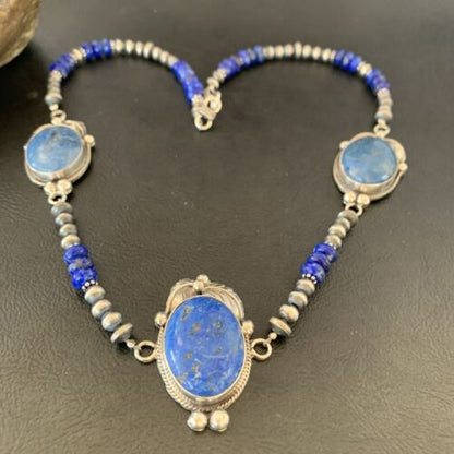 Navajo Pearls Necklace with 3 Stone Blue Denim Lapis Pendant | Sterling Silver | Native American Handmade | 10822