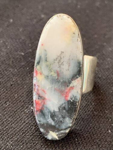 Southwestern Navajo Cinnabrite Ring | White Black | Sterling Silver | Sz 7.5 | 1562