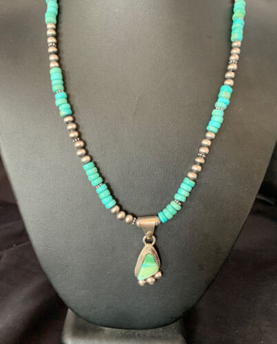 Men's Blue Turquoise Pendant Necklace | Navajo Pearls | Sterling Silver | Authentic Native American Handmade | 13202