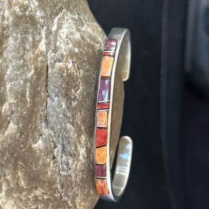Purple Red Orange Spiny Oyster Inlay Cuff Bracelet | Navajo Sterling Silver | Handmade Jewelry 14393