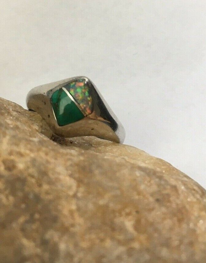 Navajo Opal & Turquoise Inlay Ring | Sterling Silver | Sz 6.5 | Authentic Native American Handmade | 1717