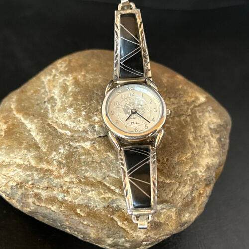 Authentic Native American Navajo Sterling Silver Watch Tips | Black Onyx Band | Handmade Jewelry | 14470