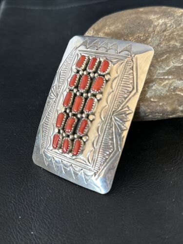 Navajo Red Coral Belt Buckle Concho | Sterling Silver | Authentic Native American Handmade | 14798