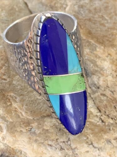 Navajo Multi-Color Lapis & Turquoise Inlay Ring | Sterling Silver | Sz 7 | Authentic Native American Handmade | 01576