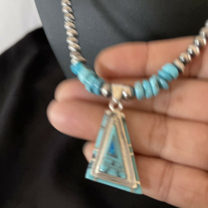 Authentic Native American Navajo Sterling Silver Pendant | Blue Turquoise & Opal Inlay Necklace | 11331