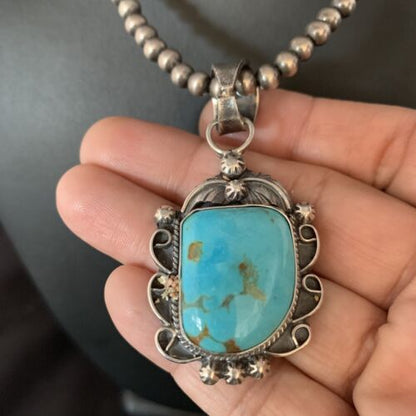 Men's Blue Kingman Turquoise Necklace Pendant | Sterling Silver Navajo Pearls | 13764