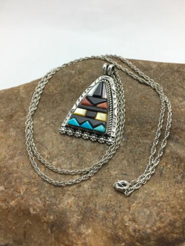 Navajo Multi-Color Turquoise Pendant Necklace | Sterling Silver | Authentic Native American Handmade | 20" | 4093