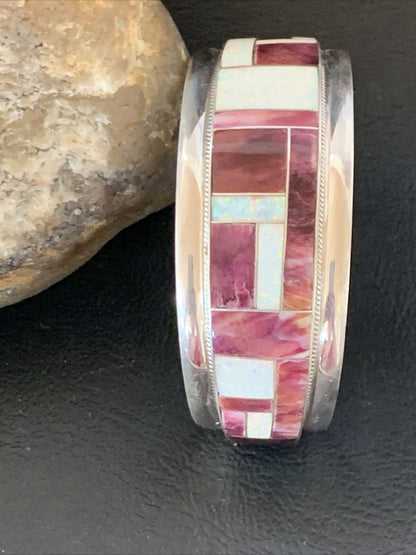 Zuni Purple Spiny Oyster Opal Inlay Cuff Bracelet | Sterling Silver | Authentic Native American Handmade | 12094