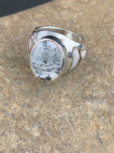 Navajo White Buffalo Turquoise Inlay Ring | Sterling Silver | Sz 8.5 | Authentic Native American Handmade | 4948