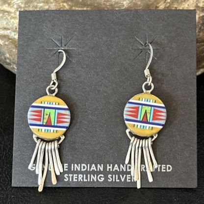 Navajo Multi-Color Turquoise Inlay Earrings | Sterling Silver | Authentic Native American Handmade | 14654