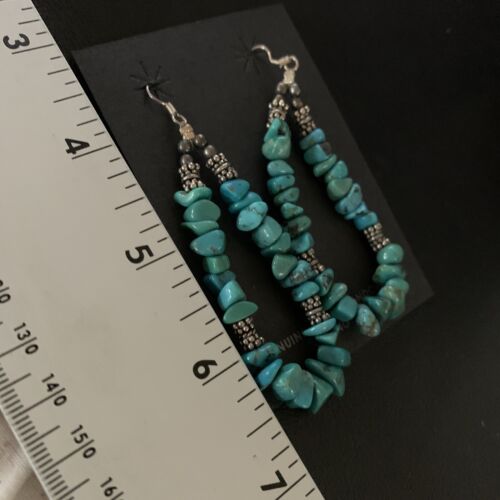 Navajo Turquoise Bead Nugget Earrings | Sterling Silver Pearls | 3" | Authentic Native American Handmade | 12890
